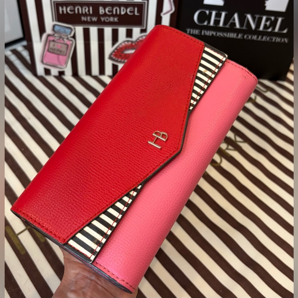 NWOT HENRI BENDEL Colorblock Leather Continental Wallet Pink Red Striped🩷❤️ - Picture 3 of 11